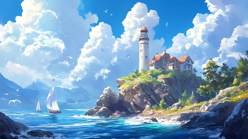 Lighthouse on Rocky Coastal Cliff Under Azure Sky