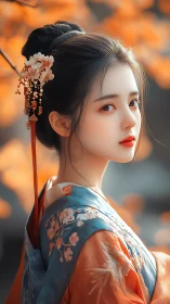 Elegant geisha portrait in embroidered blue-orange silk kimono.