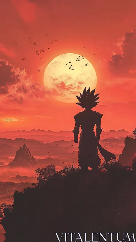 Silhouetted warrior figure facing large sun over red landscape.