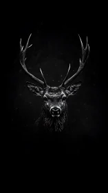 Midnight stag portrait glowing from the dark silence.