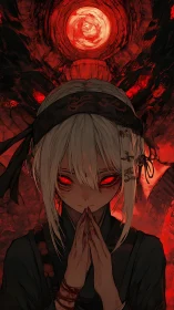 White haired figure with red eyes before circular red portal.