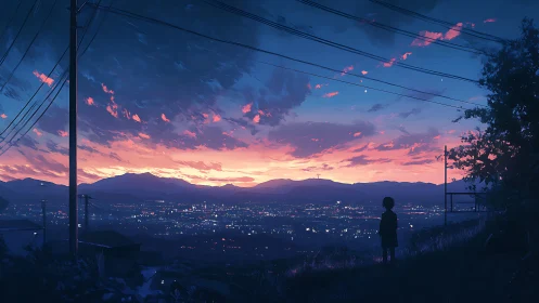 Child observes illuminated cityscape beneath evening sky