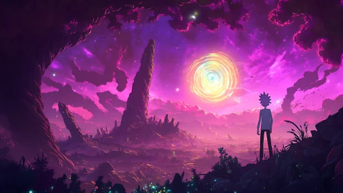 Silhouetted figure watching glowing portal over alien valley.