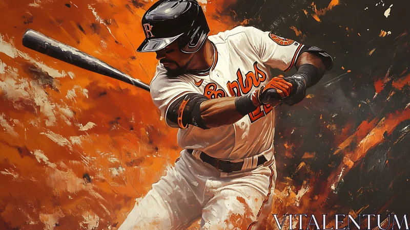 Digital painting shows baseball batter mid-swing in orange tones