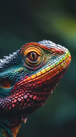 Multicolored reptile head in close-up against dark background.