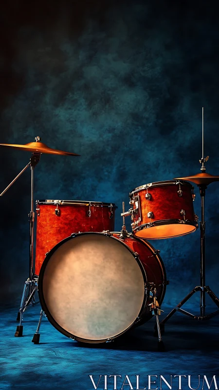 Classic drum kit on moody blue studio background.