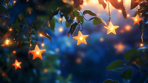 Star lanterns glow among leaves over dreamy twilight garden.