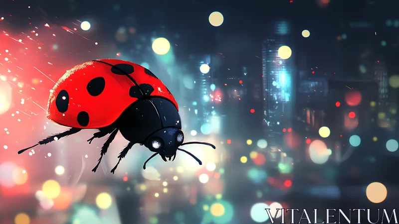 Cyberpunk ladybug glows against neon city bokeh night.