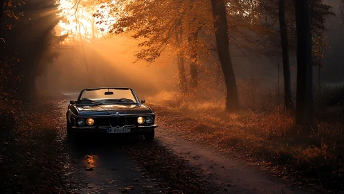 Classic convertible glides through misty autumn forest road.