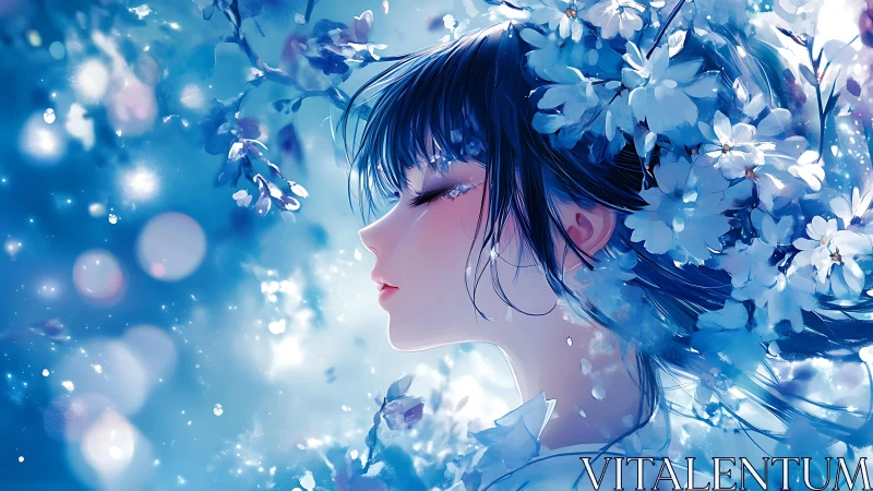 Dreamy blue girl resting among glowing spring blossoms.