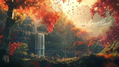 Golden autumn falls glowing in soft enchanted light.
