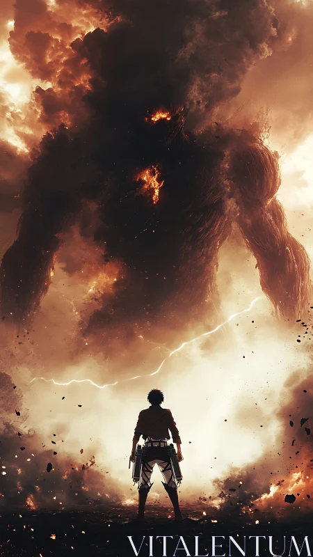 Blazing hero stands strong before a towering fire titan