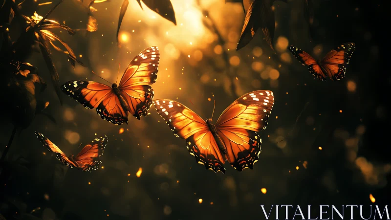 Glowing butterflies drifting softly through golden forest light.