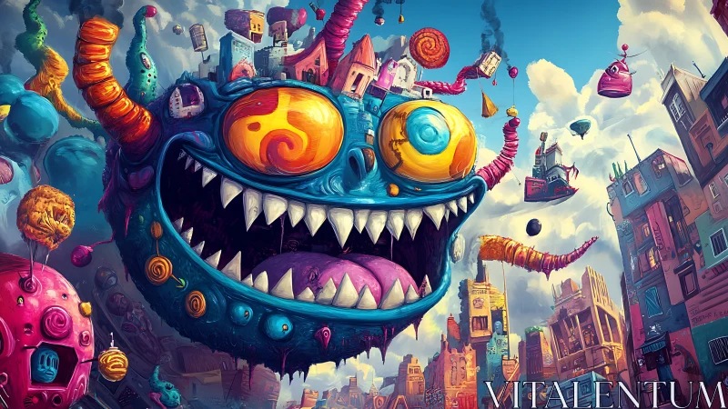 Surreal floating monster cityscape with saturated chroma chaos.