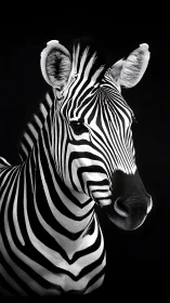 Zebra portrait shows high contrast stripes against black background