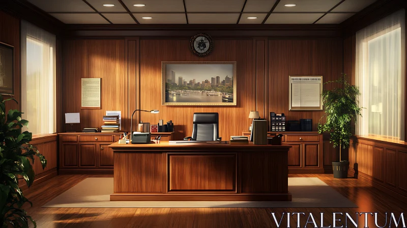 Sunlit executive sanctuary turns polished wood into calm power