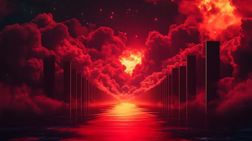 Crimson monolith corridor leads toward blazing celestial horizon