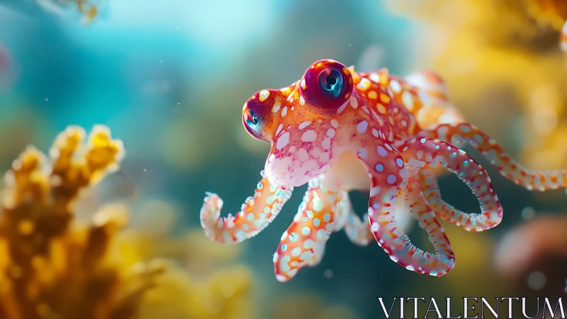 Vibrant baby octopus floating in dreamy coral reef.
