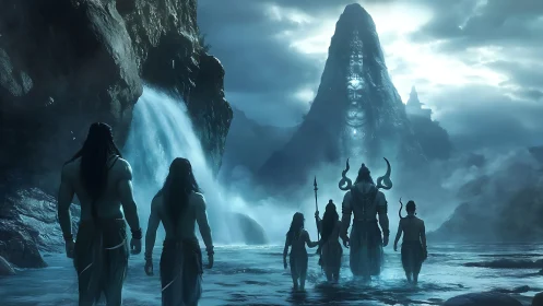 Moonlit pilgrims stride toward the mountain of divine echoes