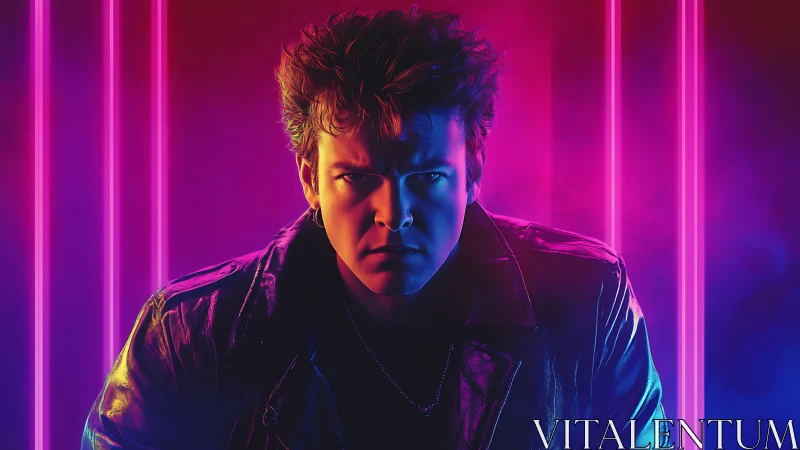 Neon-lit portrait of intense man in leather jacket, vivid glow.