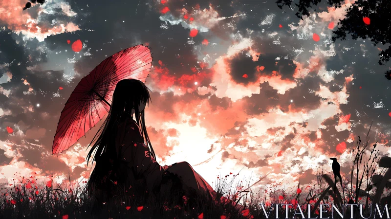Silhouetted girl with red umbrella studies a luminous sunset sky
