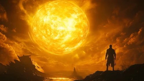 Figure observing massive burning sun over ruined landscape.
