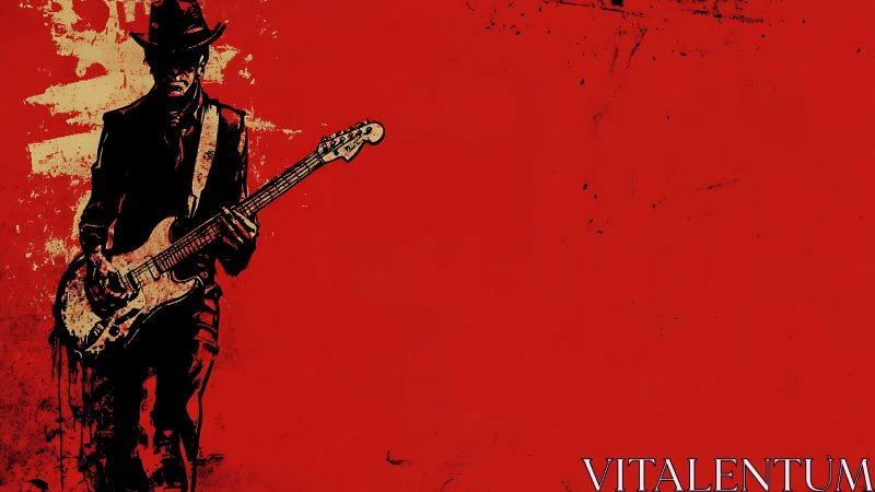 Electric guitarist silhouette on distressed red field.