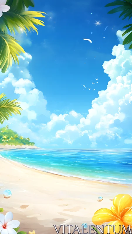 Tropical Beach Paradise Under Bright Blue Sky.