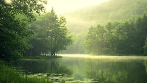 Luminous Forest Awakens: Morning Mist Cradles Silent Waters.