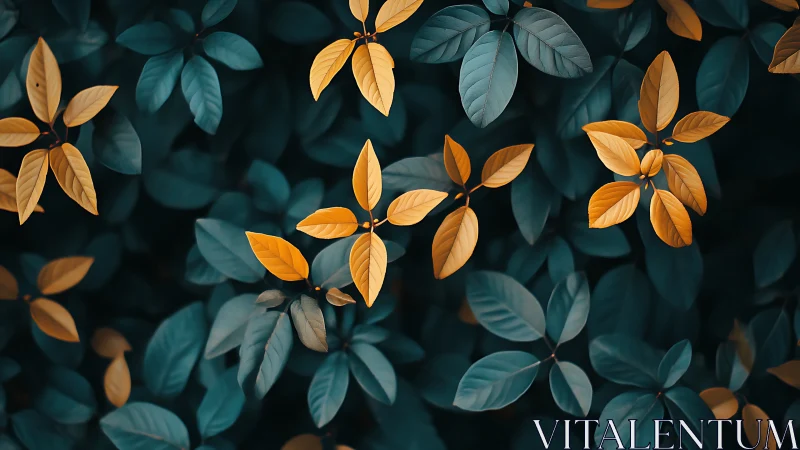 Golden leaves contrast sharply against teal green foliage