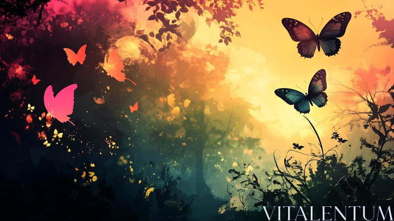 Butterflies in multicolored forest gradient at sunset.