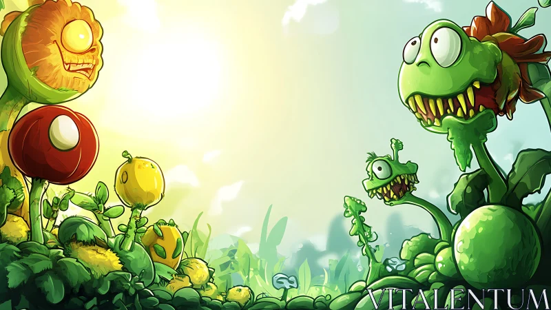 Cartoon carnivorous plants under bright sun in garden scene.