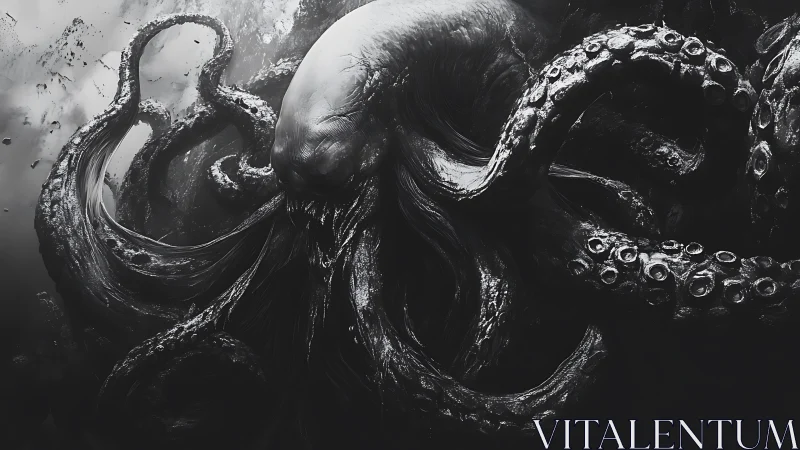 Abyssal titan unfurls storm-slick tentacles in monochrome dread.