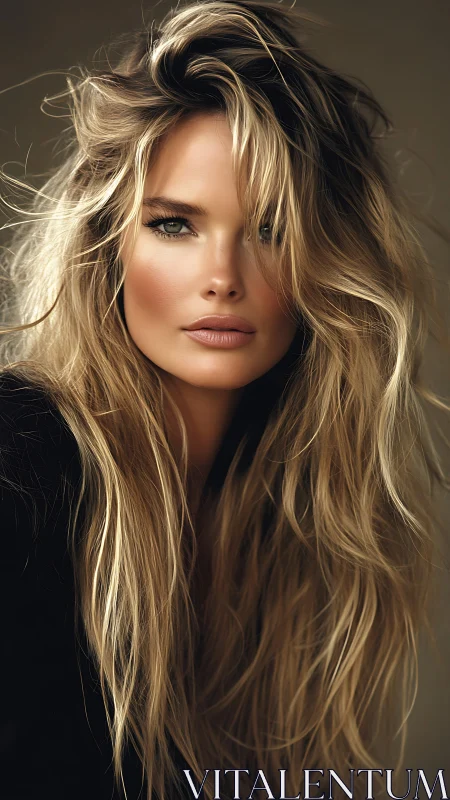 Close-up portrait of woman with long tousled blonde hair.
