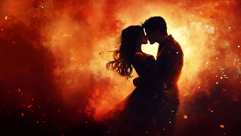 Silhouetted couple kissing against fiery orange glow.