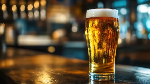 Pint of golden lager on polished bar with bokeh pub lights