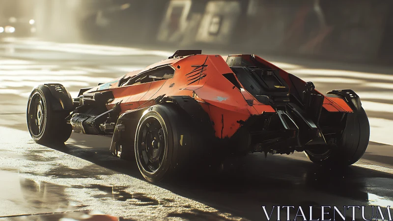 Scarred neon racer waits in sunlit industrial hush.