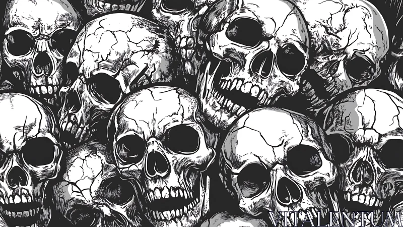 Clustered human skull illustration with dense overlapping forms.