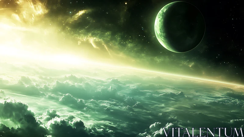 Green gas giant rises over glowing alien horizon in space.