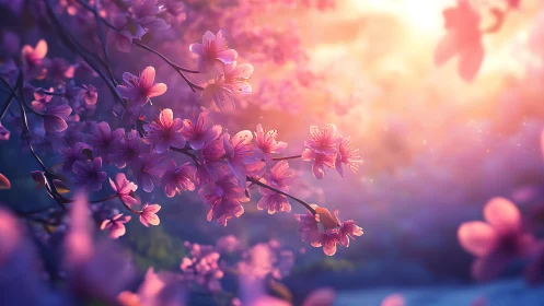 Cherry blossoms illuminated by warm golden light