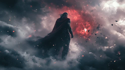 Storm-walker in crimson cape crossing a burning sky.