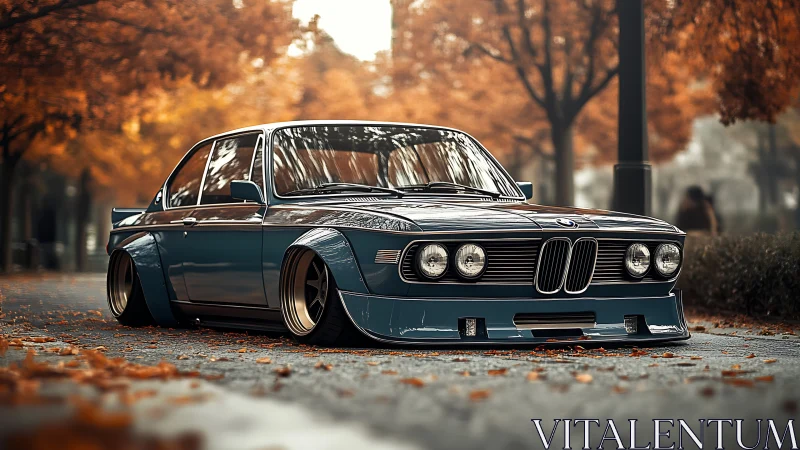 Classic lowrider BMW resting in a cozy autumn street.