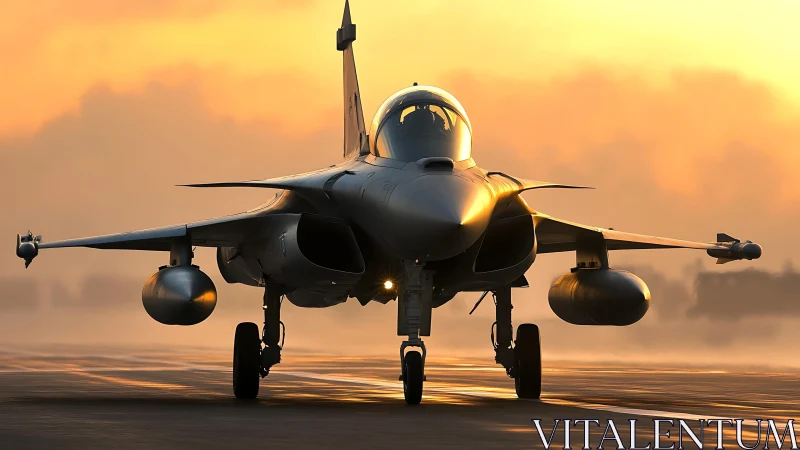 Modern fighter jet on runway in warm sunset light.