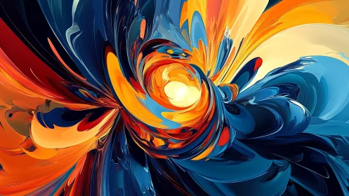 Radial abstraction with swirling blue, orange and yellow forms.