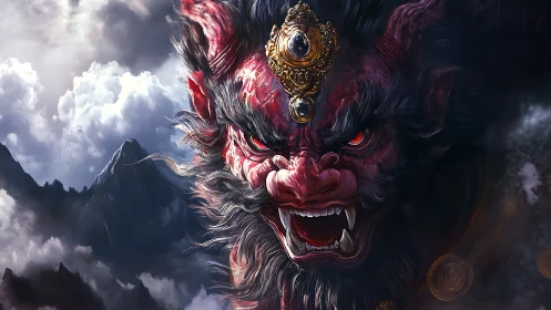 Fierce mountain demon roars against swirling storm clouds