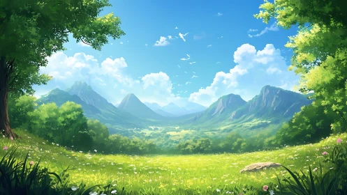 Sunlit alpine valley meadow with distant ridgeline mountains