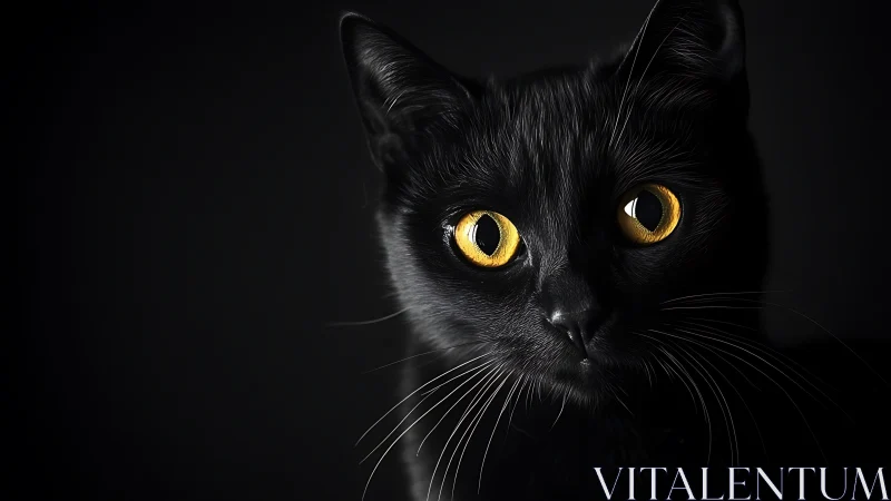 Black Cat with Luminous Golden Eyes Against Dark Background.