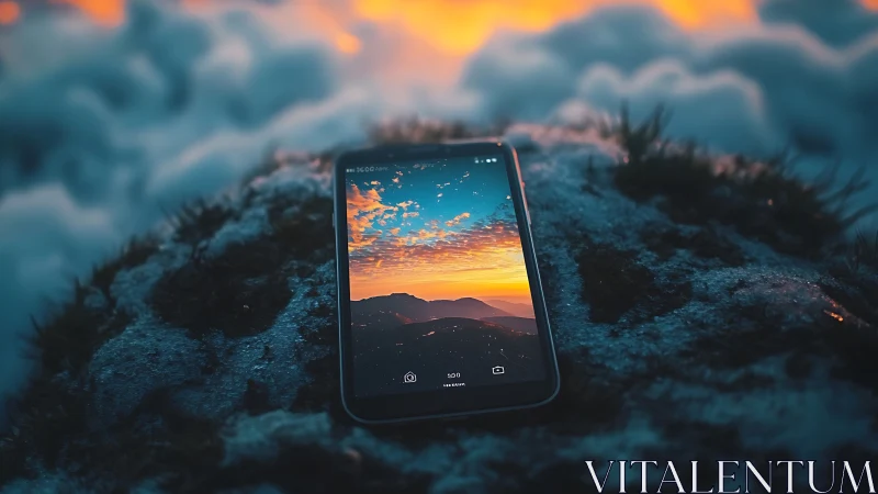 Smartphone on frosted rock framing vivid alpine sunset sky