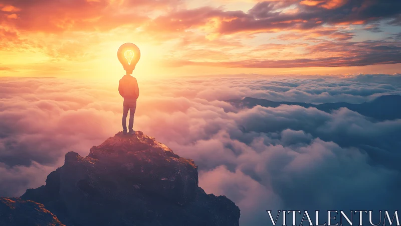 Human figure with lightbulb head above stratocumulus cloud deck.