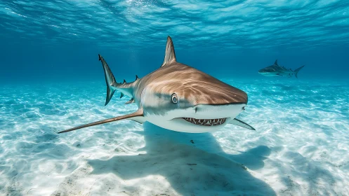 Curious reef shark cruising sunlit turquoise shallows.